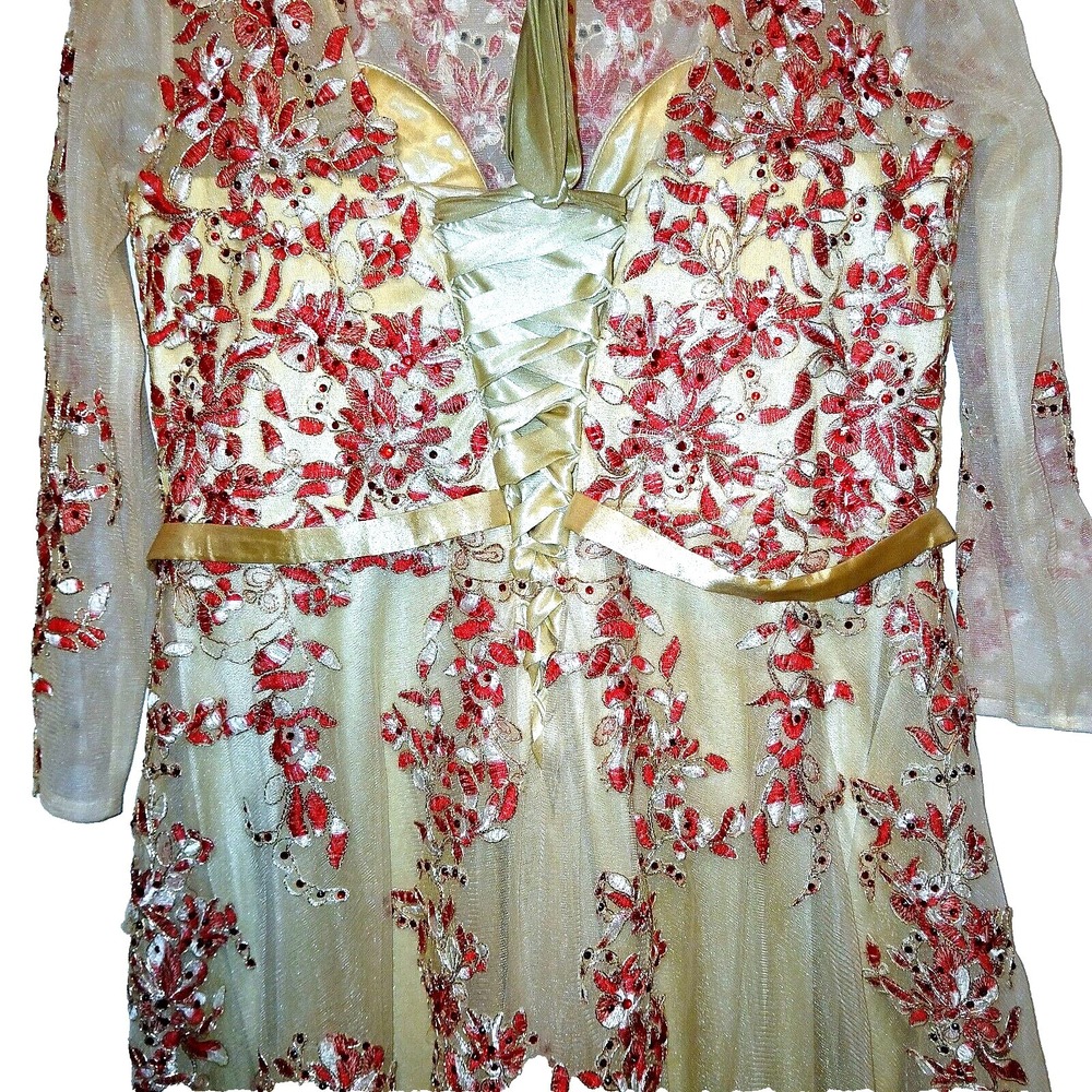 SPECIAL OCCASION Embroidered Red Rhinestone Women Long Dress Gown 18 Sheer Nude - Picture 9 of 14